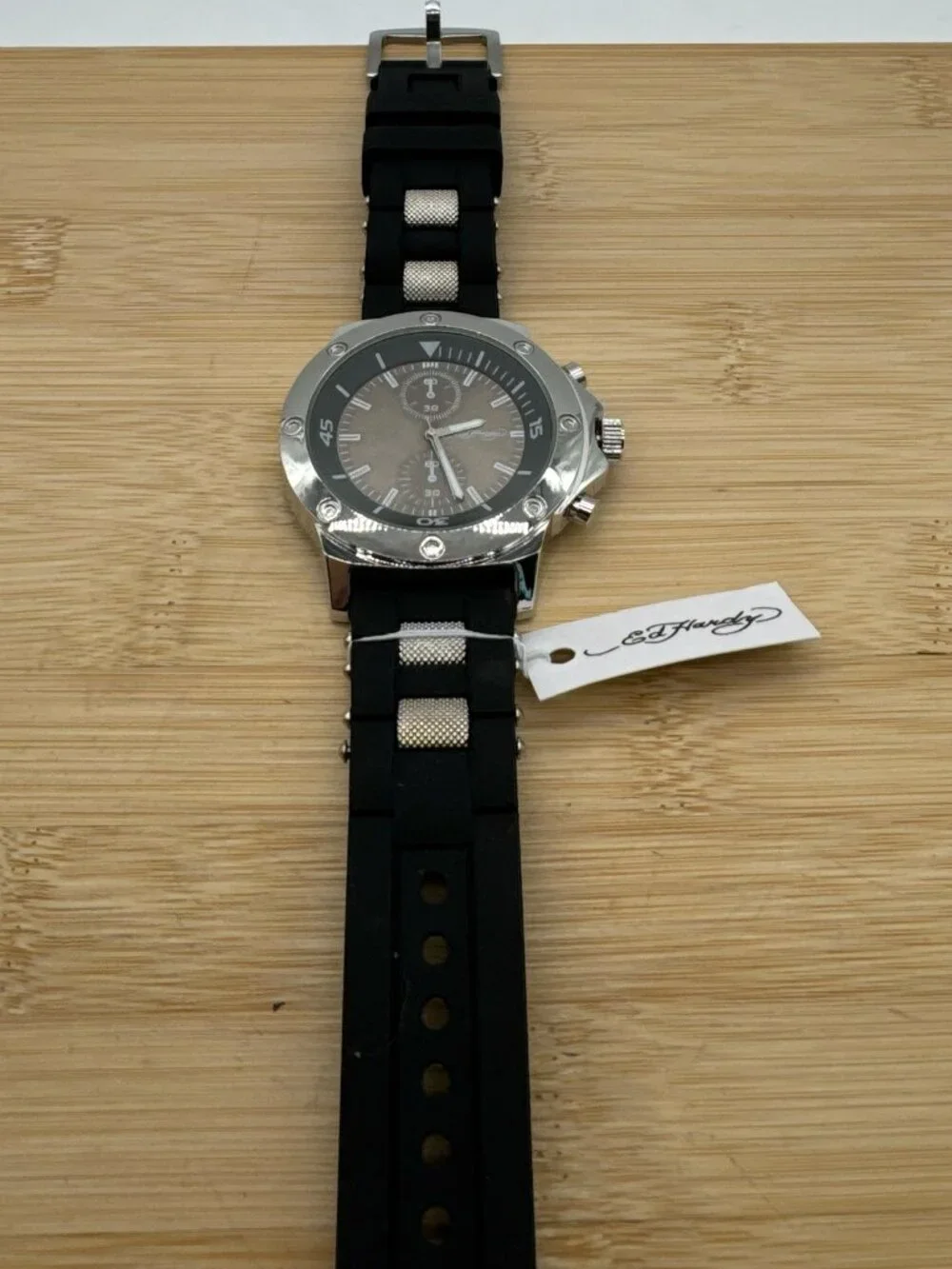 Ed Hardy Men's Silver Black Dial Black Silicone Band Quartz Watch